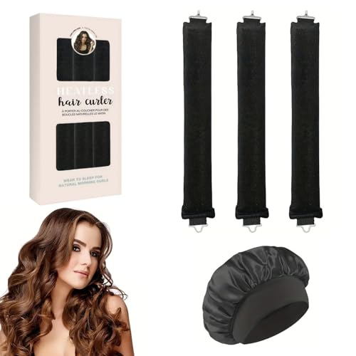 EUZUXU 3 Stück Heatless Curls Band + 1 Stück Schlafmütze, Hitzefreie Lockenwickler, Overnight Blowout Locken Ohne Hitze, für Alle Haartypen-Schwarz
