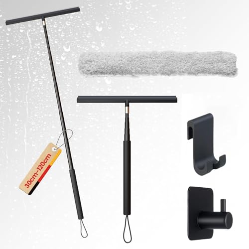 Duschabzieher Schwarz mit Teleskopstiel (29-120cm) Fensterabzieher, Bodenabzieher & Wasserschieber für Badezimmer, Dusche, Fenster putzen | Silikon Duschabzieher mit Edelstahlkern & rutschfestem Griff