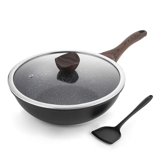 Kordisen Wokpfanne induktion, 30 cm Wok mit Deckel, Aluminiumguss, Beschichtung in Steinoptik, kompatibel mit allen Herden, PFOA-frei, Schwarz