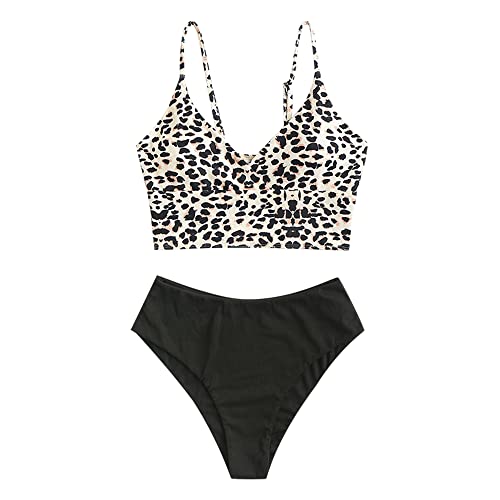 ZAFUL Gerippt Fest Chorhemd Hohes Bein Schnitt Hohe Taille Tankini Set Gepolstert Zwei Stücke Badeanzug Bademode für Damen (Leopard,M)