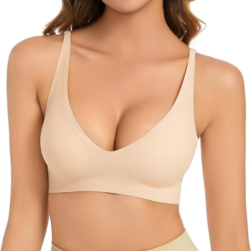 BH Ohne Bügel Push Up für Kleine Brust,Schwangerschaft Kleidung Bra,V-Ausschnitt, Bequem, Weicher BH, Push-Up, Nahtloser BH, Leicht Gepolsterte Brüste,Bequeme Nahtlose Sport&Schlaf&Yoga (Beige, S)