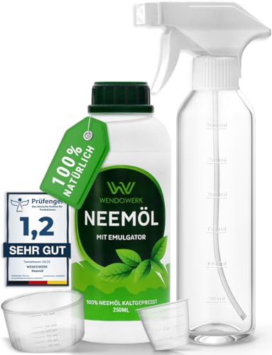 WENDOWERK® Neemöl [250ml] - Inkl. Sprühflasche und Messbecher - Neemöl mit Emulgator zur direkten Anwendung - Niemöl zur natürlichen Pflanzenpflege für Indoor und Outdoor