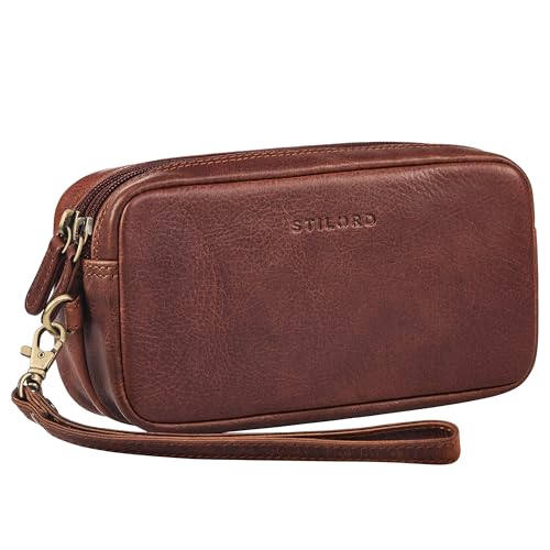STILORD 'Tiber' Moderne Handgelenktasche Herren Leder mit Doppelkammer Männer Handtasche Clutch 6,5 Zoll Smartphone optimal für Reisen Festival Herrenhandtasche Echtleder, Farbe:kara - cognac
