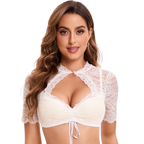 Goxozzy Dirndl Blusen Weiß,Dirndl Bluse Damen,Dirndl Bluse,Dirndlbluse Spitze,Dirndlbluse,Kurzärmelige Dirndlbluse mit Spitzenausschnitt und Knöpfen auf der Brust (36, weiße)