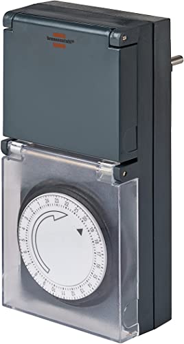 Brennenstuhl Zeitschaltuhr MZ 44, mechanische Timer-Steckdose (Tages-Zeitschaltuhr, IP44 geschützt, mit erhöhtem Berührungsschutz & Schutzabdeckung) grau