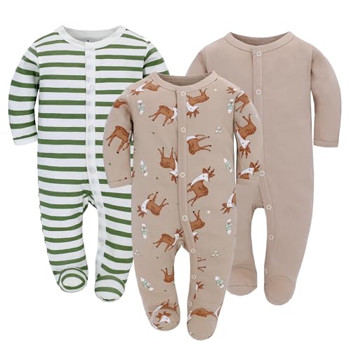 3PCS Baby Schlafstrampler Babychlafanzug Babyschlafsack Baumwolle mit Füßen mit knöpfen Gr. 56 62 68 für Junge Mädchen Neugborenen (Hirsch, 56)