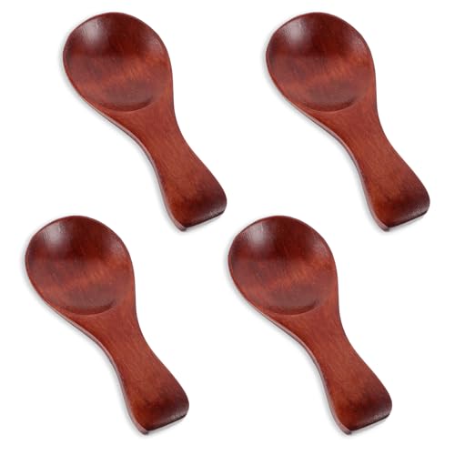 oruola 4 Stück Mini Holzlöffel mit kurzem Griff,Klein Armeladenlöffel,Klein Badesalz Löffel für Gewürze,Zucker,Honig,Kaffee,Tee,Senf,Eiscreme,Marmelade,Handgefertigte Holzlöffel,8.4 x 3.6 cm,Braun