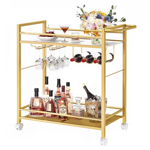 LELELINKY Servierwagen,Küchenwagen,Barwagen mit Rollen, Moderner bar cart mit Stauraum, Weinwagen mit Weinregal und Weinglashalter für Küche, Wohnzimmer & Esszimmer,Bar, Party,Gold