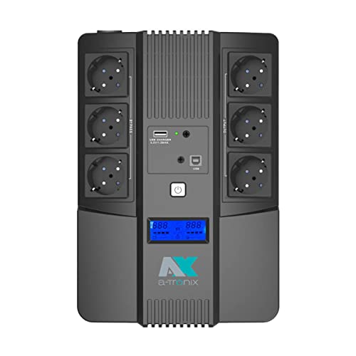 a-TroniX® USV Steckdosenleiste, UPS Backup Socket 800VA 480W, 6 Schuko Ausgängen, LCD-Display, Unterbrechungsfreie Stromversorgung Anlage, Line Interactive, Überspannungsschutz, AVR, Buck-Funktion