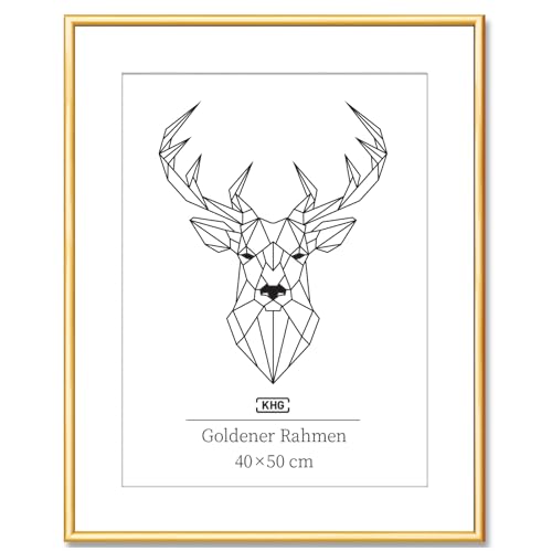 KHG Bilderrahmen aus Kunststoff mit stabilem Glas und Passepartout, zum Aufhängen oder Hinstellen, Ideal für Portraits, Urkunden, Poster - Gold, 40x50 cm
