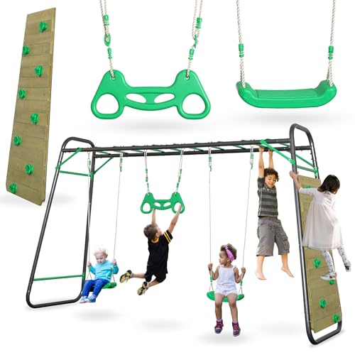 HyperMotion Swing HYP18 Kinderschaukel Outdoor Set - 2 Sitze, Kletterleiter, Trapez & Kletterwand - Stahlrahmen Pulverbeschichtet, Max. 200 kg - Bis zu 4 Kinder