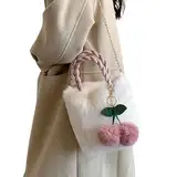 Flauschige Umhängetasche – Plüsch-Schultertasche Mit Kirschendetail | Kuschelige Plüsch-Handtasche, Stilvolle Umhängetasche Mit Kirschen-Motiv, Modisches Accessoire Für Damen Perfekt Für Alltag Und