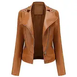 YFFUSHI Damen Lederjacke Kurz Slim PU Leder Jacke Reverskragen Lange Ärmel Übergangsjacke Reißverschluss Biker Lässig,Braun,M