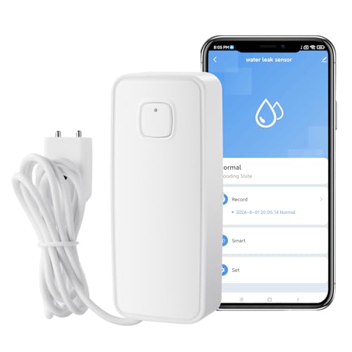 Flintronic Wassermelder, 80dB Wasser Sensor Alarm Wasserwarner Flut Detektor, 1m Sensorkabel, Wassermelder Wasseralarm, APP Fernüberwachung Durch, für Küche, Badezimmer, Keller, Waschküche, Garagen