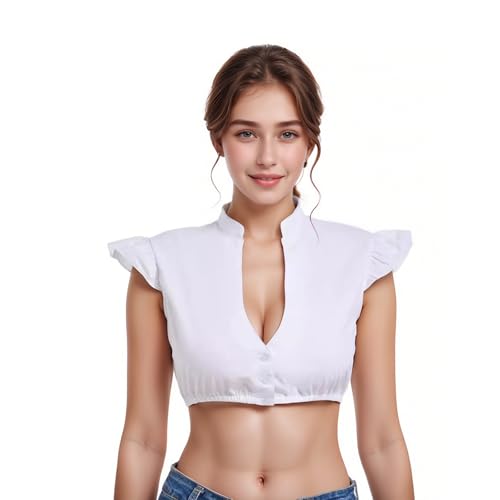 Nhgkju Weiß Dirndl Bluse Damen V-Ausschnitt Spitze Kurzarm Dirndlbluse Elegant Sexy Mode Trachtenblusen Urlaub Party Bluse (DE/NL/SE/PL, Alphanumerisch, S, Regular, Regular, Weiß)