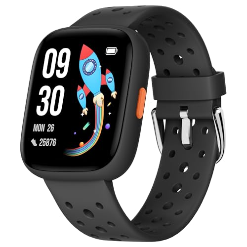 BIGGERFIVE Smartwatch Kinder, 1,8" Smartwatch Uhr Schrittzähler, 24/7 Puls, Schlafmonitor, Vibrationsalarm, IP68 Wasserdicht, Puzzlespiele mit/ohne App, für Mädchen Jungen Teens 5–16, Schwarz