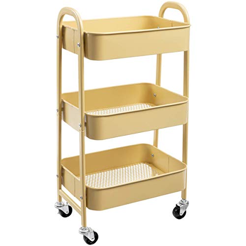 DOEWORKS Rollwagen Metall Aufbewahrungswagen Küchenwagen 3-Etagen, Servierwagen Organizer Wagen mit Rädern für Wohnzimmer Schlafzimmer Make-up Badezimmer Büro, Melonengelb