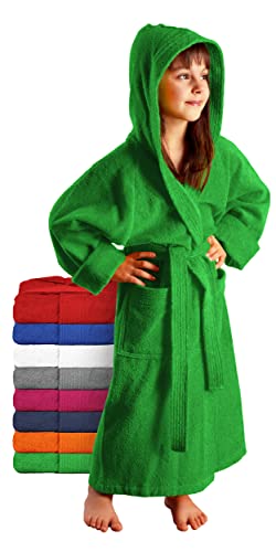 Arus Kinder-Bademantel mit Kapuze für Jungen und Mädchen, 100% Baumwolle Frottee (380 g/m²), lang, Froschgrün, 152