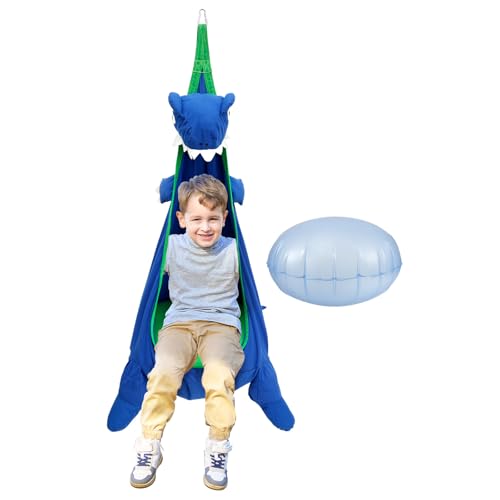 harupink Niedlich Tier Hängehöhle,Kinder pod schaukelsitz mit Aufblasbarem Kissen,Hängesessel Kinder Indoor,Sensorischer Schaukelstuhl max 80kg,Hängematte Kinder für Innen- und Außen(Dinosaurier)