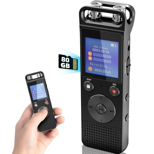 Hinne 80G Digitale Diktiergeräte, Aufnahmerät mit Surround, Mikrofon Voice Recorder 3072 Kbps HD-Aufnahme, 1000 Stunden Audio Recorder Mobile Rekorder mit Passwort für Unterricht, Meetings