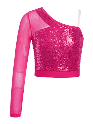 Miaeowve Kinder Mädchen Pailletten Shirt Kurz Oberteil Glänzend Party Top EIN Ärmel Mesh Patchwork Tanzkleidung Party Bühnenauftritt Performance Kostüm Hot Pink 146-152