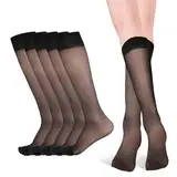 CIATBYYJ 6 Paar Damen Kniestrümpfe, Transparente Nylon Fein-Kniestrümpfe, Kniehohe Pop Socken für Damen (Schwarz, Medium (fits EU sizes 35-41))