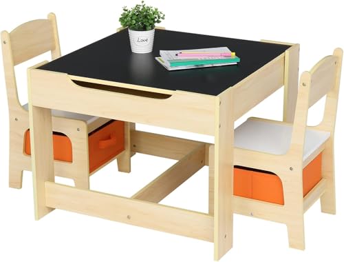 LEADZM Kindertisch mit 2 Stühlen, Kindertisch Maltisch für Kinder 3tlg Kindersitzgruppe aus Holz Kinder Tisch Stuhl Set Malttisch Tischplatte mit Tafel…