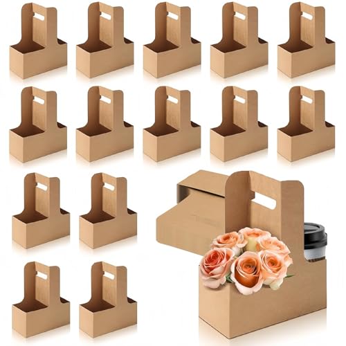 Pappe Kaffee Getränkehalter,Kraftpapier-Becherhalter,2 Tassen Einweg-Karton Getränkehalter für Lebensmittel,zum Herausnehmen,Bar,Restaurant,Café,Braun,17.5x8x22.5cm,15 Stück