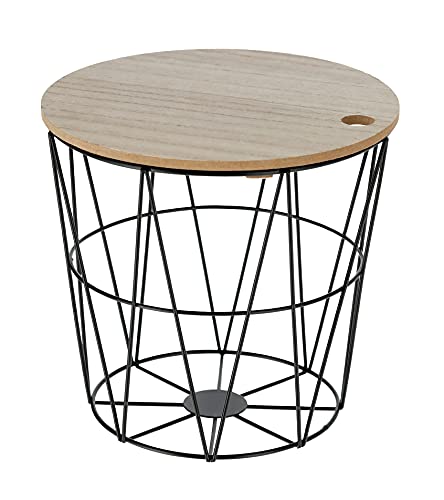 Meinposten Kleiner Beistelltisch Aufbewahrungskorb Mini Tisch Korb mit Deckel Metall Holz rund schwarz Ø 22 x H 21 cm