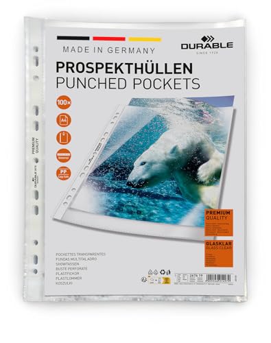 Durable Prospekthüllen (Klarsichthüllen A4 Premium extra stark, 0,08mm) 100 Stück, glasklar, 267619