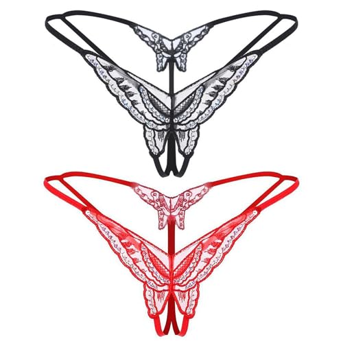PMELCXD Damen Spitze Sexy Tanga, 2 Stück Offener Slip, Niedrige Taille, Offener Schritt, V-String, G-String, Dessous, Tangas, Schmetterlingsunterwäsche mit Offenem Schritt (Schwarz, Rot)