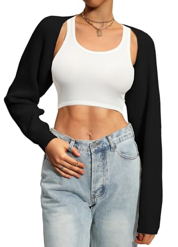 Navneet Bolero Damen Boleros Kurz Oversize Strickpullover Y2K Crop Top Shrug Winter Strickjacke Cardigan Sweater Boleros Schwarz XS