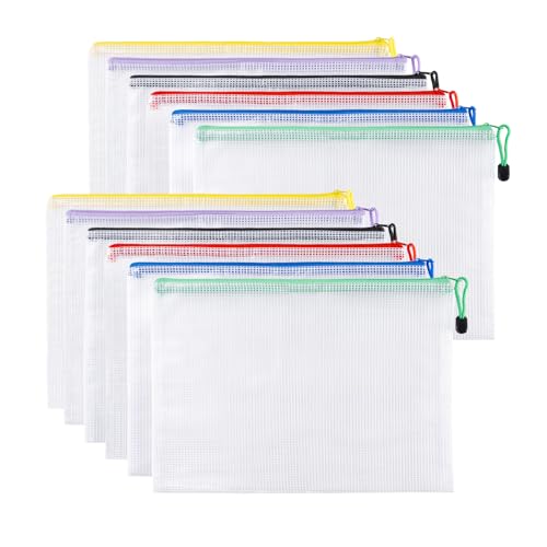 Carehabi 12 Pcs Dokumententasche mit Reißverschluss A4, Wasserdichte Document Case, Mesh Beutel mit Reißverschluss, Datei Zipper Tasche Mesh Kunststoff Reißverschlusstasche für Dokumente, Kosmetika, R