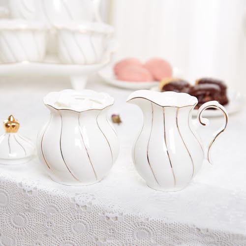 DUJUST Weißes Sahne- und Zuckerset, luxuriöses britisches Design mit handgefertigten goldenen Verzierungen, 1 Zuckerdose mit Deckel (350 ml), 1 Milchkännchen (235 ml), Dekoration für die Küche