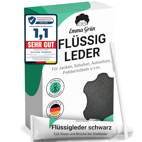 Emma Grün® Flüssigleder Reparatur Set Schwarz [1x7ml] - Leder Kratzer entfernen für Risse & (Brand-) Löcher - Leder Reparatur Set - Lederpflege Set für Sofa & Autositze - Kunstleder Reparaturset