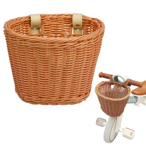 Kinderfahrrad Lenkerkorb, Fahrradhängekorb mit verstellbaren PU-Gurten, wetterfester, handgewebter Rattan-Aufbewahrungskorb, Kinderfahrradzubehör