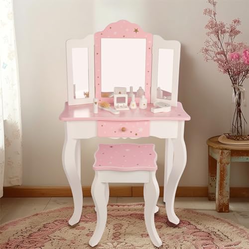 WOODENFUN Rosa Kinder Prinzessin Schminktisch mit dreifachem Klappspiegel, Hocker, Schublade, Make-up-Set, Sternenmuster multifunktionaler hölzerner Schminktisch für Kindergeburtsgeschenk