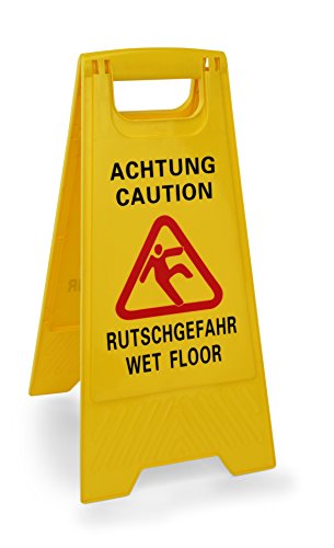 Aufsteller aus Kunststoff beidseitig beschriftet: Achtung Rutschgefahr & Caution Wet Floor – Höhe: 63 cm