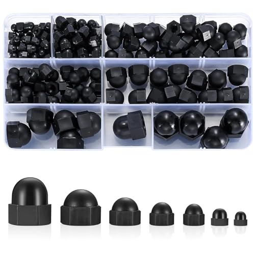 165 Stk Hutmuttern hohe Form Set, Schwarz Nylon Sechskant Hutmuttern, M3 M4 M5 M6 M8 M10 M12 Kappenmuttern, Hutmutter hohe Form Sechskantmutter Kappe für Gewindestangen Schrauben