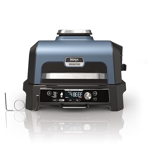 Ninja Woodfire Pro Connect XL Elektrischer Grill und Smoker mit App-Steuerung, digitaler Sonde, großer 7-in-1 Outdoor Grill und Luftfritteuse mit Woodfire Pellets