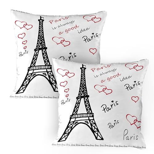 ABAKUHAUS Eiffelturm Kissenbezug Packung mit 2, Eiffelturm Paris Ist Immer Eine Gute Idee Tourismusorte Süße Liebe, Dekorativer Standard Gedruckter Kissenbezug, 80 x 80 cm, Rot Schwarz Weiß
