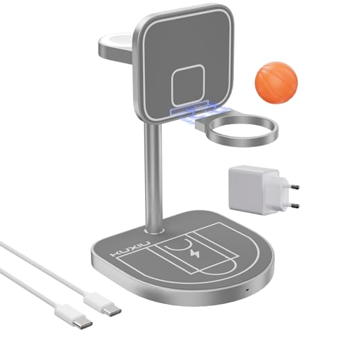 KU XIU X85 Kabelloses Ladegerät 3-in-1 – Induktive Ladestation für iPhone 16/15/14/13/12, 5W für Apple Watch 10/9/8/7/Ultra, 5W für AirPods 4/3/2, Magnetische Ausrichtung und Fun Basketball Design