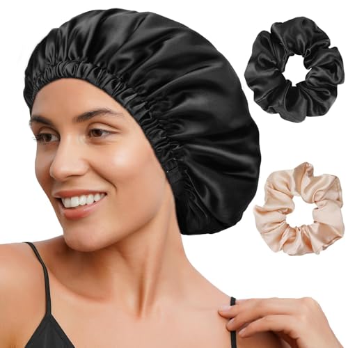 FOLAI 1 Stück Schlafmütze Satin Bonnet Nacht Schlaf Mütze Verstellbare Schlafkappe Kopfbedeckung Weiche Kopfhaube Schlafhaube Seide mit Gummizug für Damen und Mädchen（Schwarz）