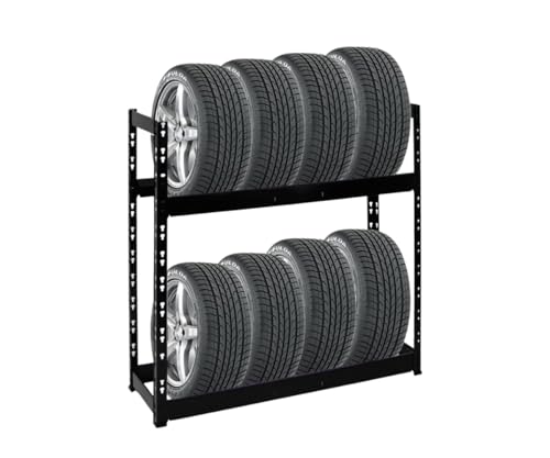 PROREGAL Reifenregal Tiger | HxBxT 100x110x35cm | 150kg Fachlast | bis zu 8 Reifen | mit 2 Ebenen | Schwarz Reifenständer Garagenregal