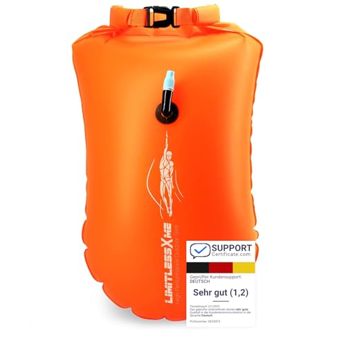 LimitlessXme Schwimmboje & Trockensack — 28l Orange. Sicherheit beim Schwimmen, Open Water und Triathlon. Swimming Buoy, Swim Bubble, Schwimm Boj aufblasbar