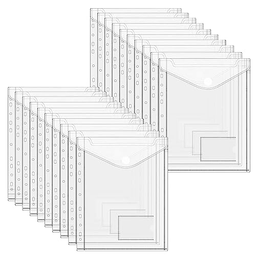 Donken Dokumententasche A4, 20 Stück Dokumentenmappe A4 zum Abheften mit Druckknopf, Sichttasche Brieftaschen für Organisieren mit 11 Lochrand und Etikettentasche