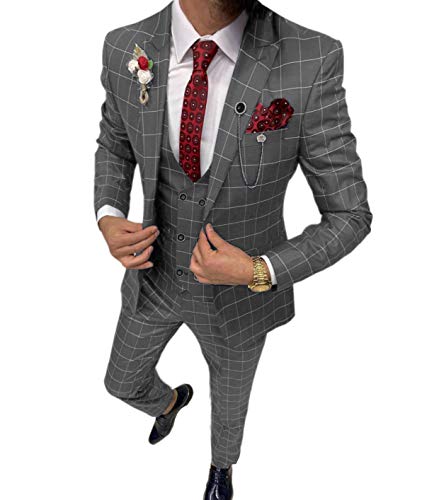 Solovedress Anzüge für Herren 3 Teilig Klassischer Karierter Herrenanzug Sakko Hose Weste für Hochzeiten und Geschäft (Grau,S)