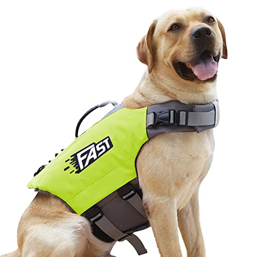 Crevyteg Schwimmweste Hund, Ripstop Hunde Rettungsweste, Verstellbare Größe Hundeschwimmweste mit Griff und Reflektierend für Kleine Mittlere und Große Hunde (Fluoreszierendes Grün Größe XL)