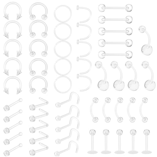 Yolev 55 Stück Klare Piercing Retainer Set 16G 20G Acryl Nasenring Bauchring Septum Piercing Transparent Kit Augenbraue Zunge Lippe Knorpel Labret Piercings Industriestab Kunststoff Piercing Schmuck