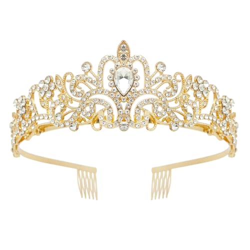 TUONYIS Kristallkrone für Damen, Tiara, Hochzeit, Braut, Strass-Krone für Geburtstag, Abschlussball, Brautparty, Weihnachten, Halloween-Kostüm (Gold, Einheitsgröße)